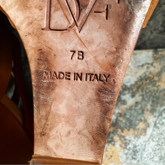 Vintage DIANE VON FURSTENBERG Heels Size 7B Tan & Pink Leather Strappy Wedges - Picture 8 of 8